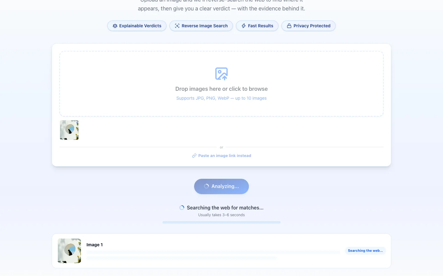 Reverse image search in progress, with the progress bar showing it is searching the web for matches